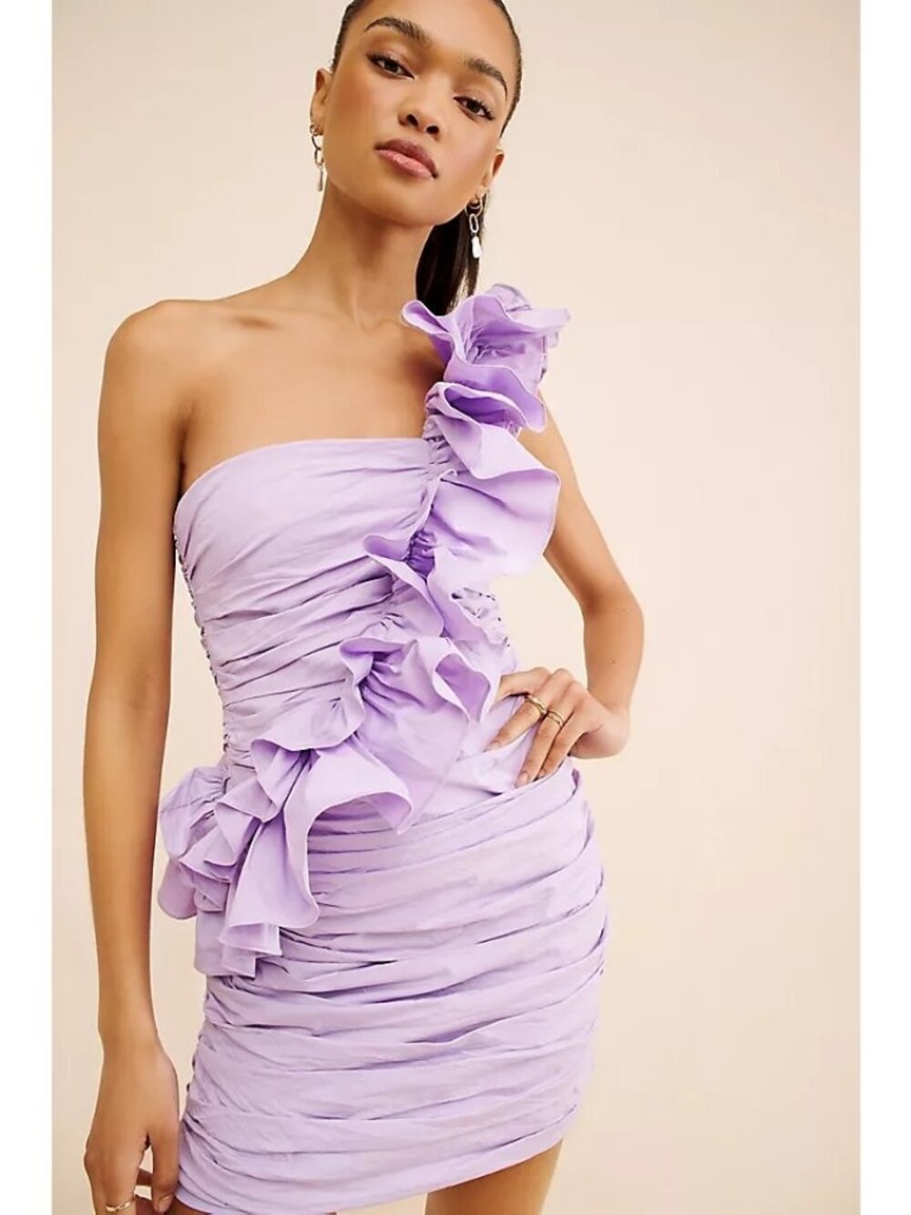 BHLDN Ollie One Shoulder Ruffle Mini Dress Womens S 80s Romance Enchanting Lilac